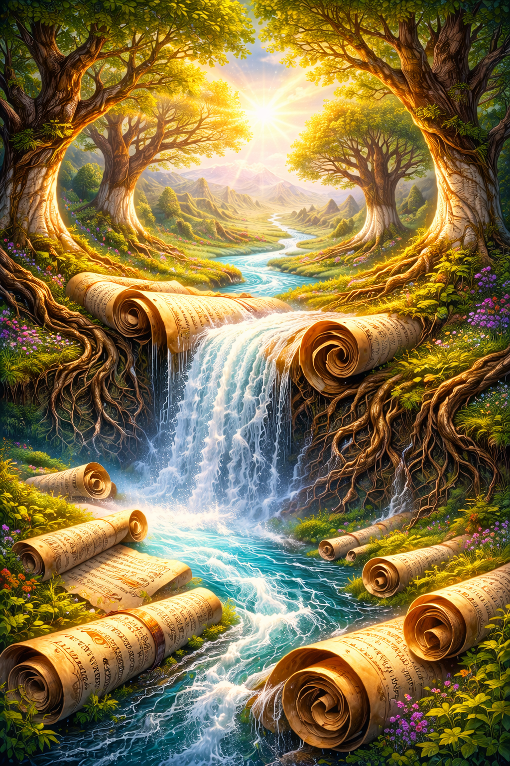 Nature scene with scrolls making up portions of the landscape.